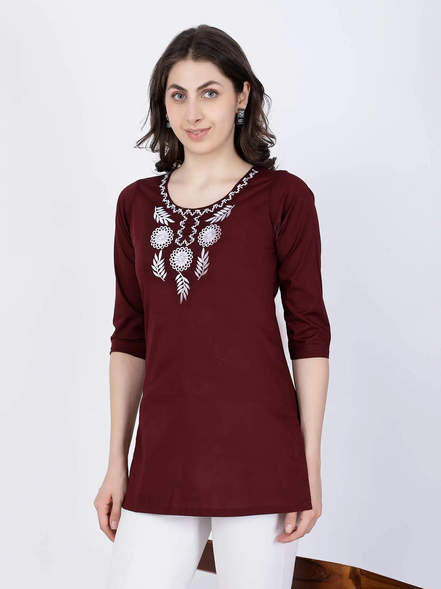 Casual Daily Wear Maroon Short Kurti in Poplin Cotton Fabric