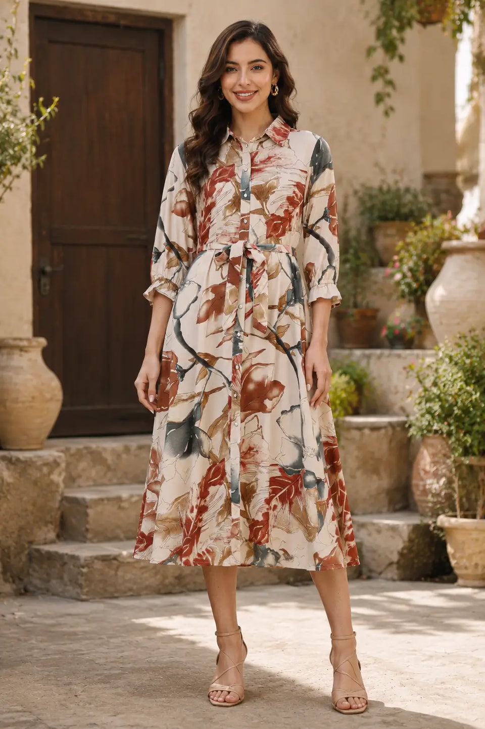 Rabric women beige rust floral rayon kurti midi dress front view with stylish collar neck and 3/4 sleeves