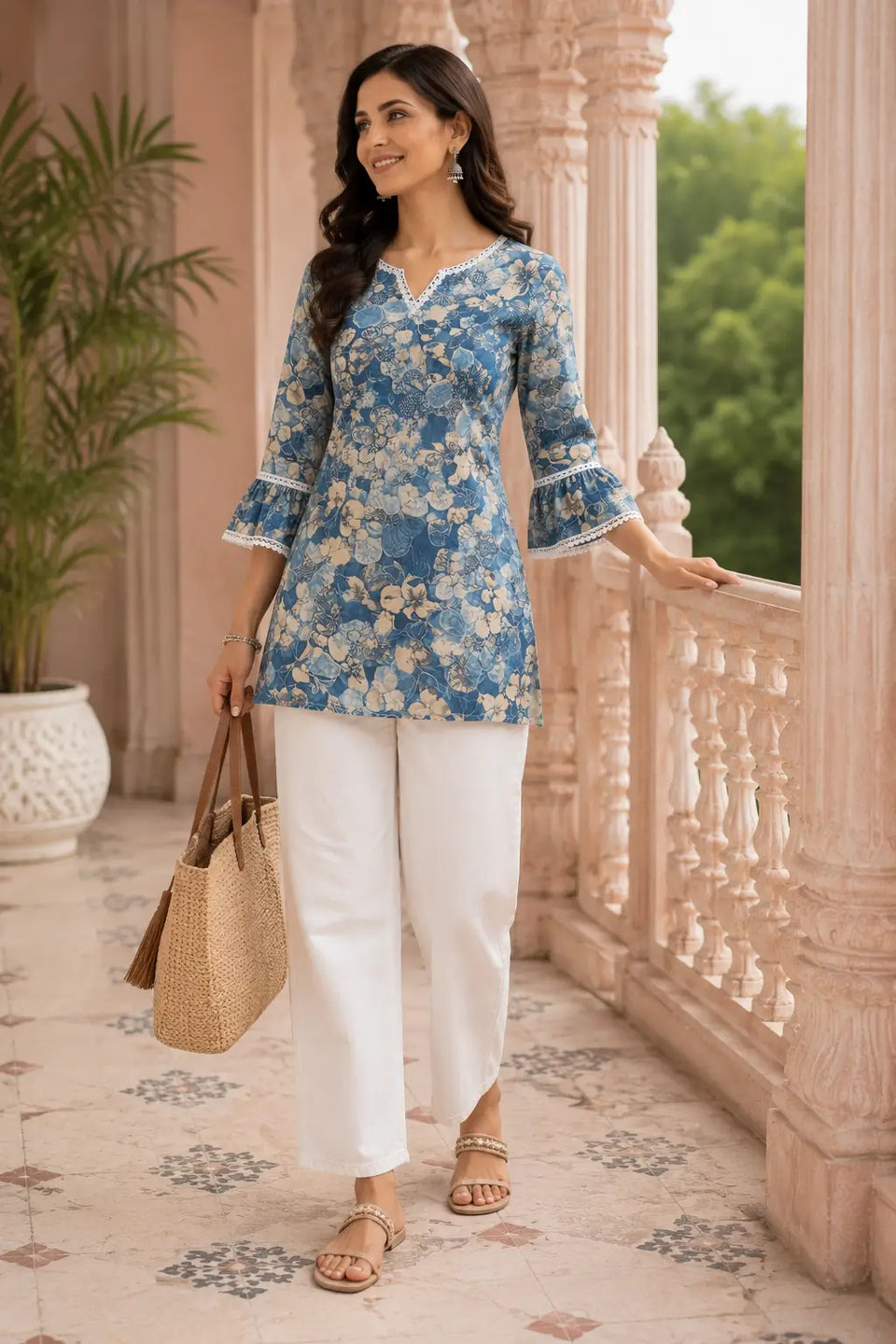 Stylish Indian woman wearing blue floral cotton short top with white pants in casual ethnic look