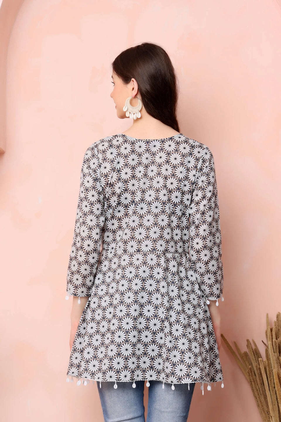 RABRIC charcoal grey pure cotton flared short kurti for women back view with white floral geometric print