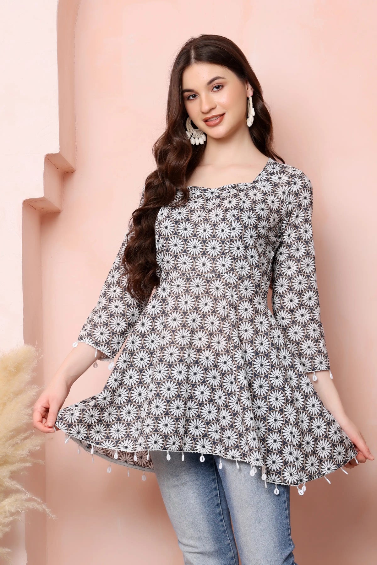 RABRIC charcoal grey pure cotton printed short kurti for women side view showing flared silhouette