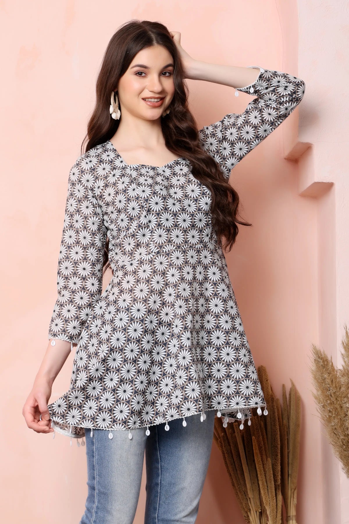 RABRIC charcoal grey pure cotton short kurti for women styled with jeans for a casual everyday look