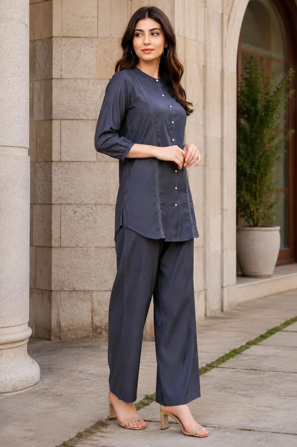 Side angle view of Rabric charcoal grey Vertican Silk co-ord set featuring lace detailing, round neckline and relaxed straight-fit pants.