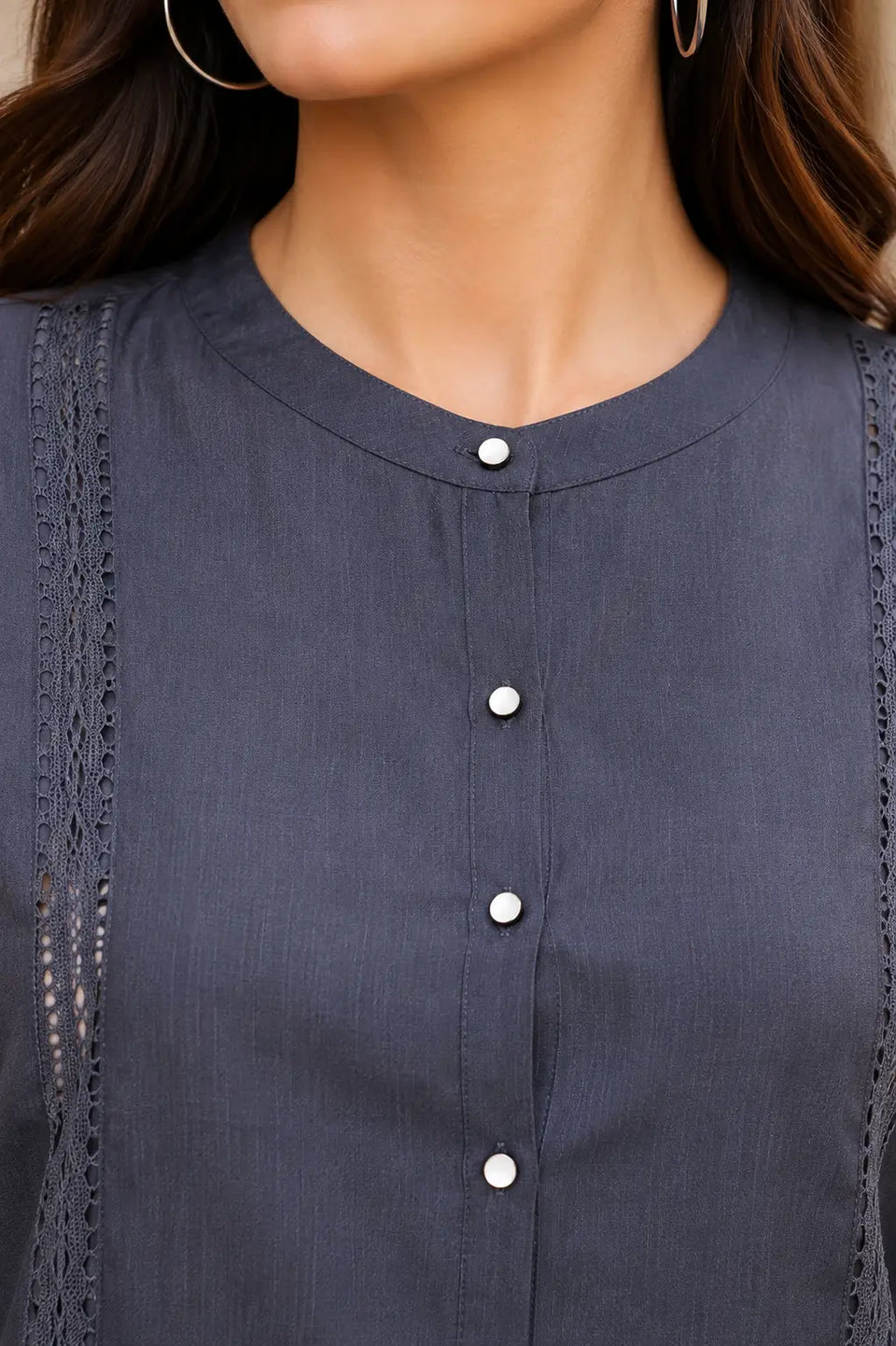 Close-up of round neck and button detailing on Rabric charcoal grey Vertican Silk co-ord set with premium lace panel accents.