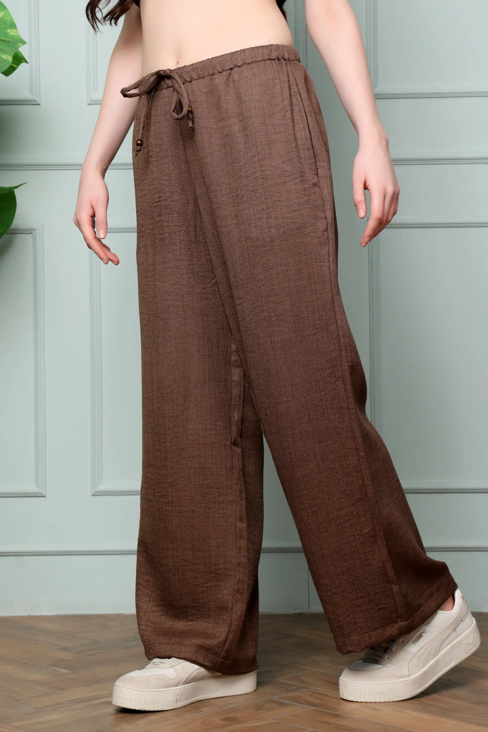 RABRIC chocolate brown linen pants for women side view showing convenient side pocket
