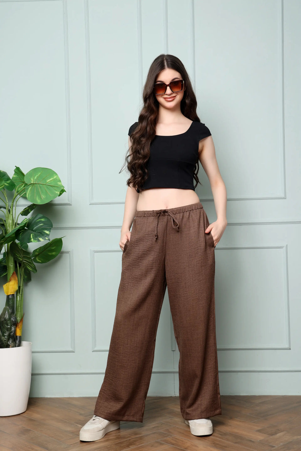RABRIC chocolate brown linen wide leg trousers for women styled for a casual everyday look