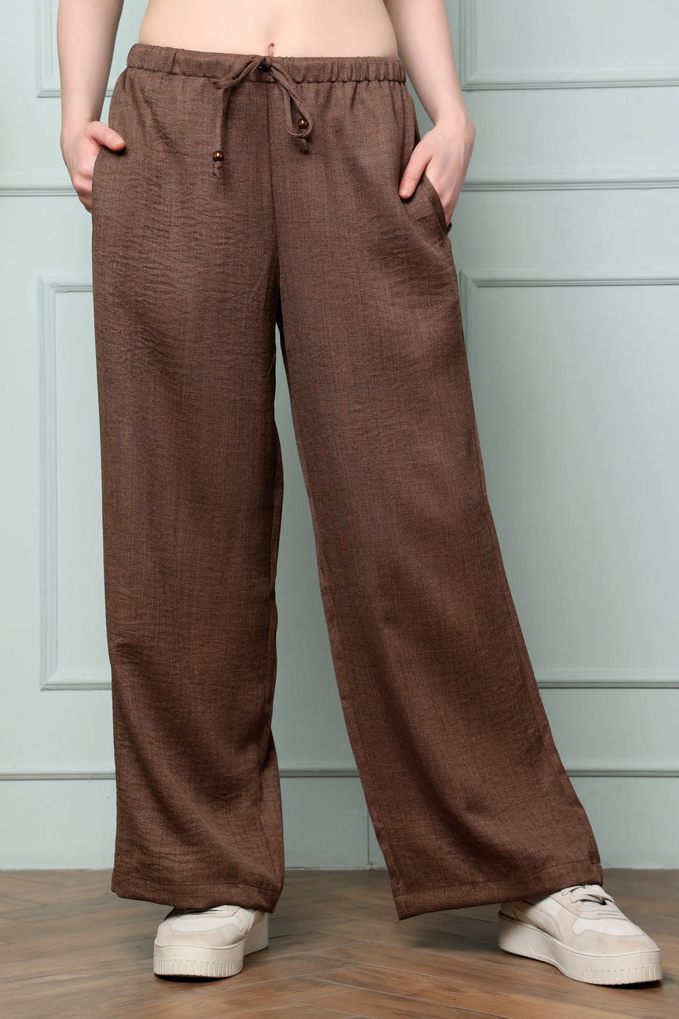 RABRIC chocolate brown linen wide leg trousers for women front view with elastic waist and drawstring