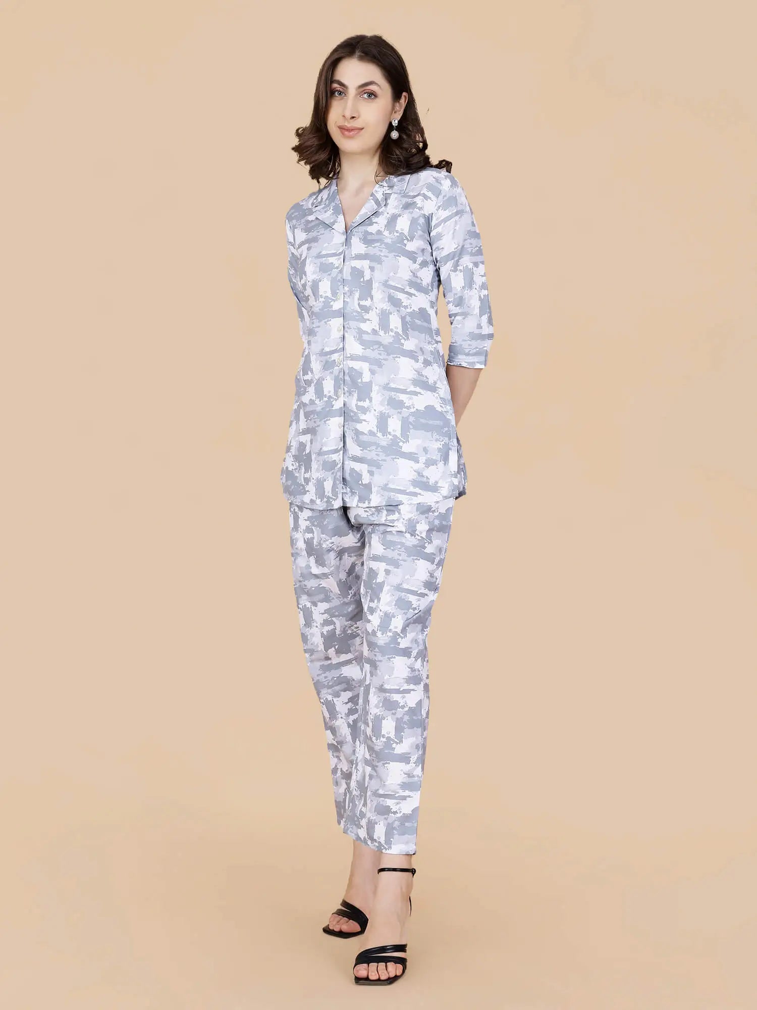 Rabric Grey White Printed Co-ord Set with Side Pocket