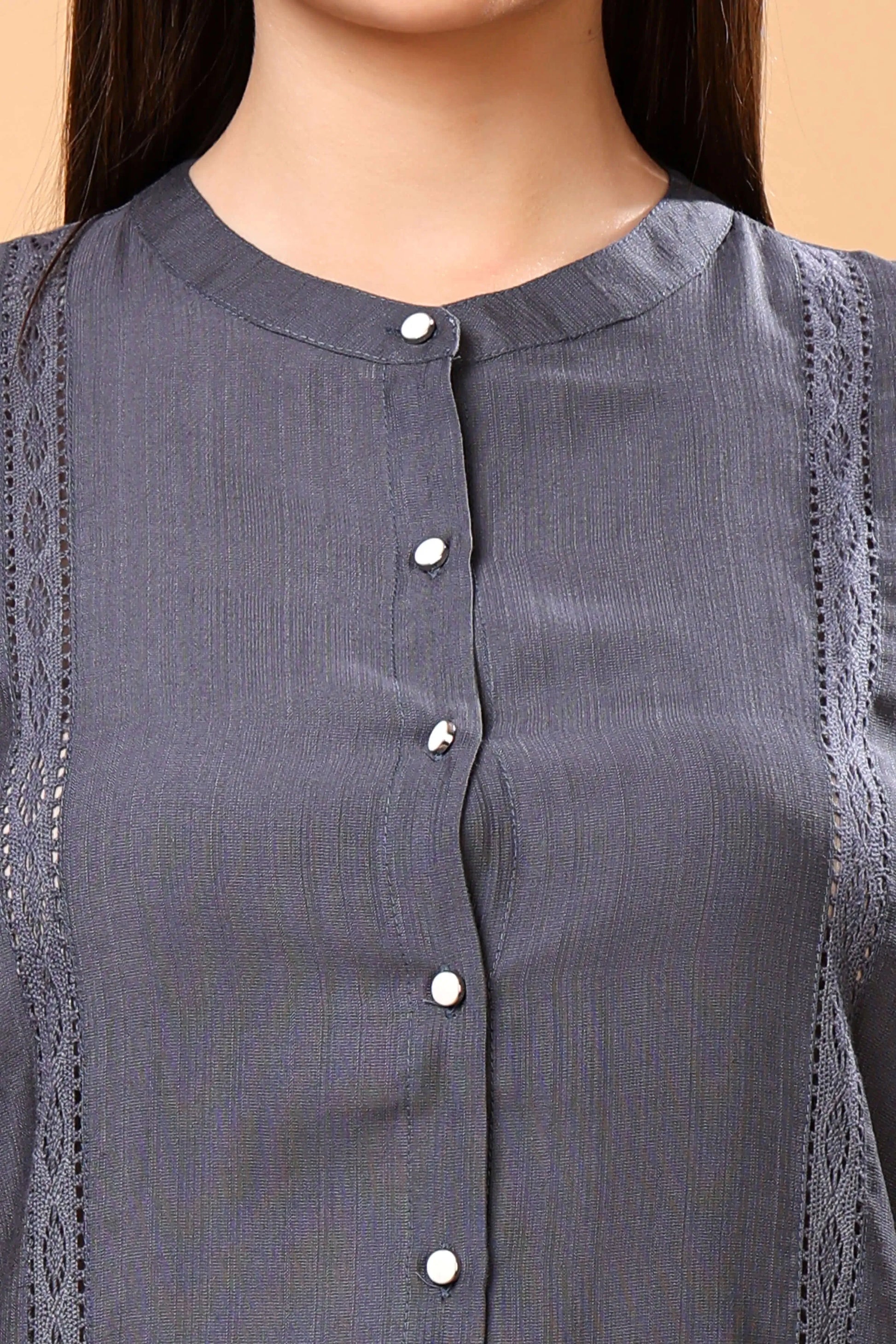 Close-up of Button-Down Lace Detail on Rabric Co-ord Set Top