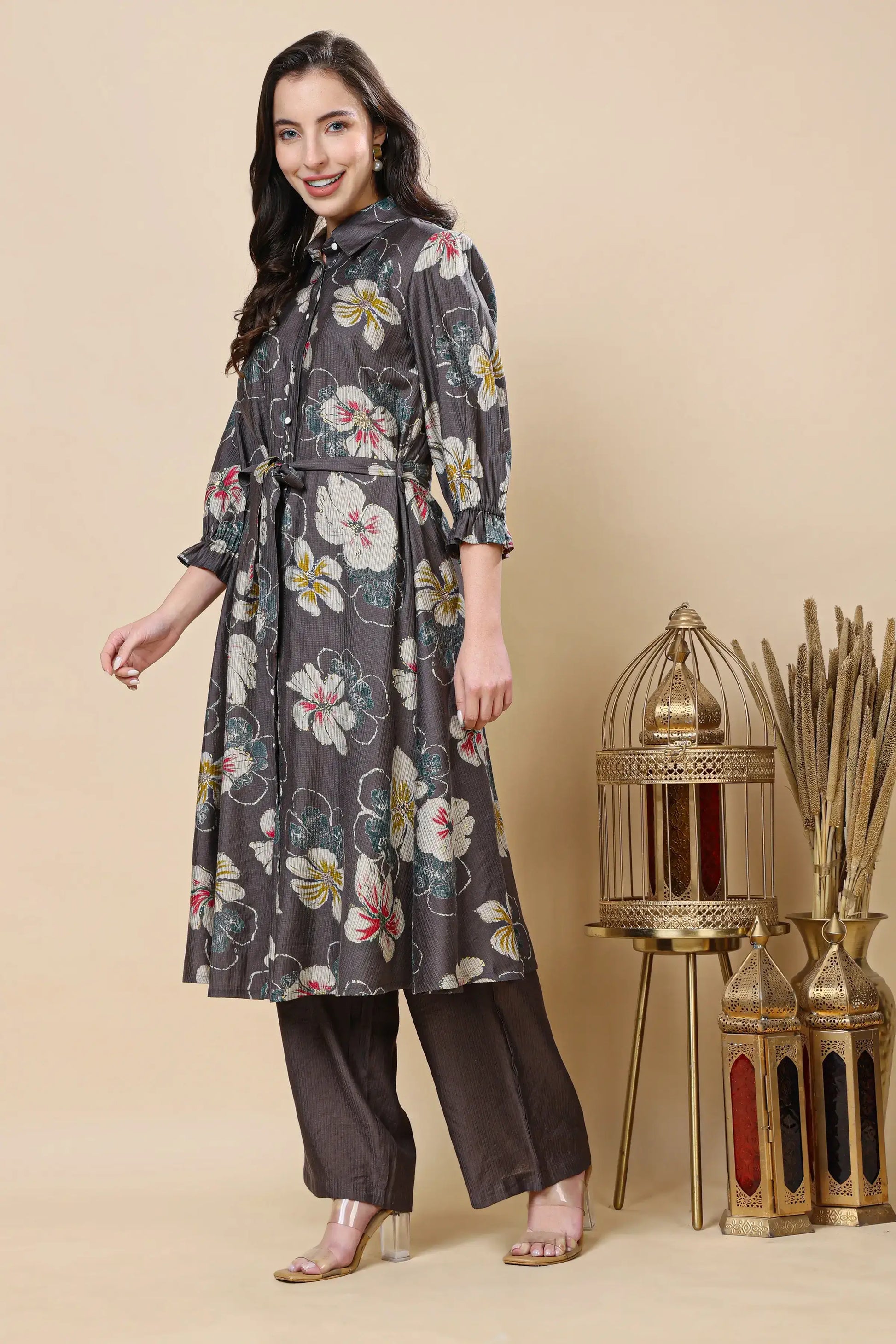 Collar neck kurta with button panel co-ord set