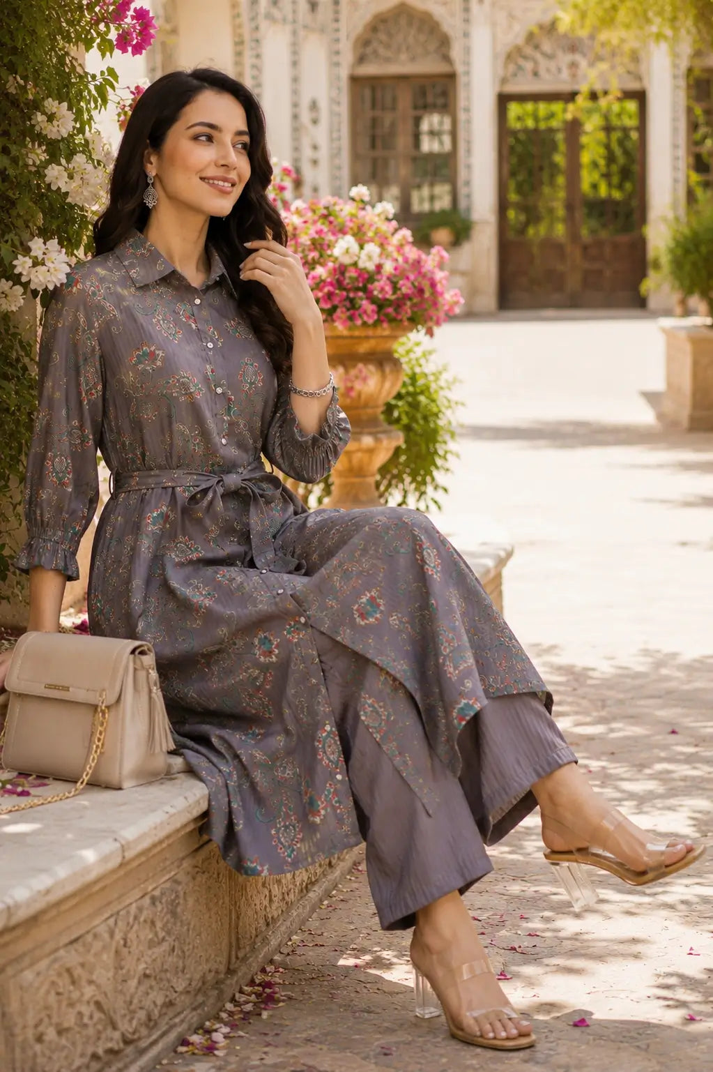 Collared neck and button detail of women silk co-ord set