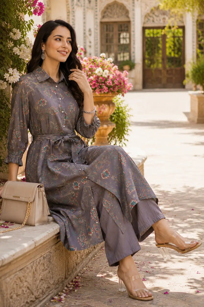 Collared neck and button detail of women silk co-ord set