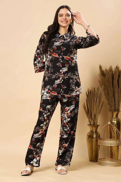 Rabric Premium Rayon Floral Black Co-ord Set for Women | Stylish Collar Top & Comfortable Pants with Pocket