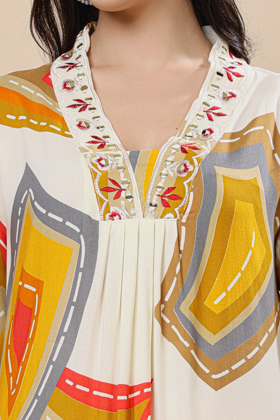 Close-up of embroidered V-neck mul cotton co-ord set for women