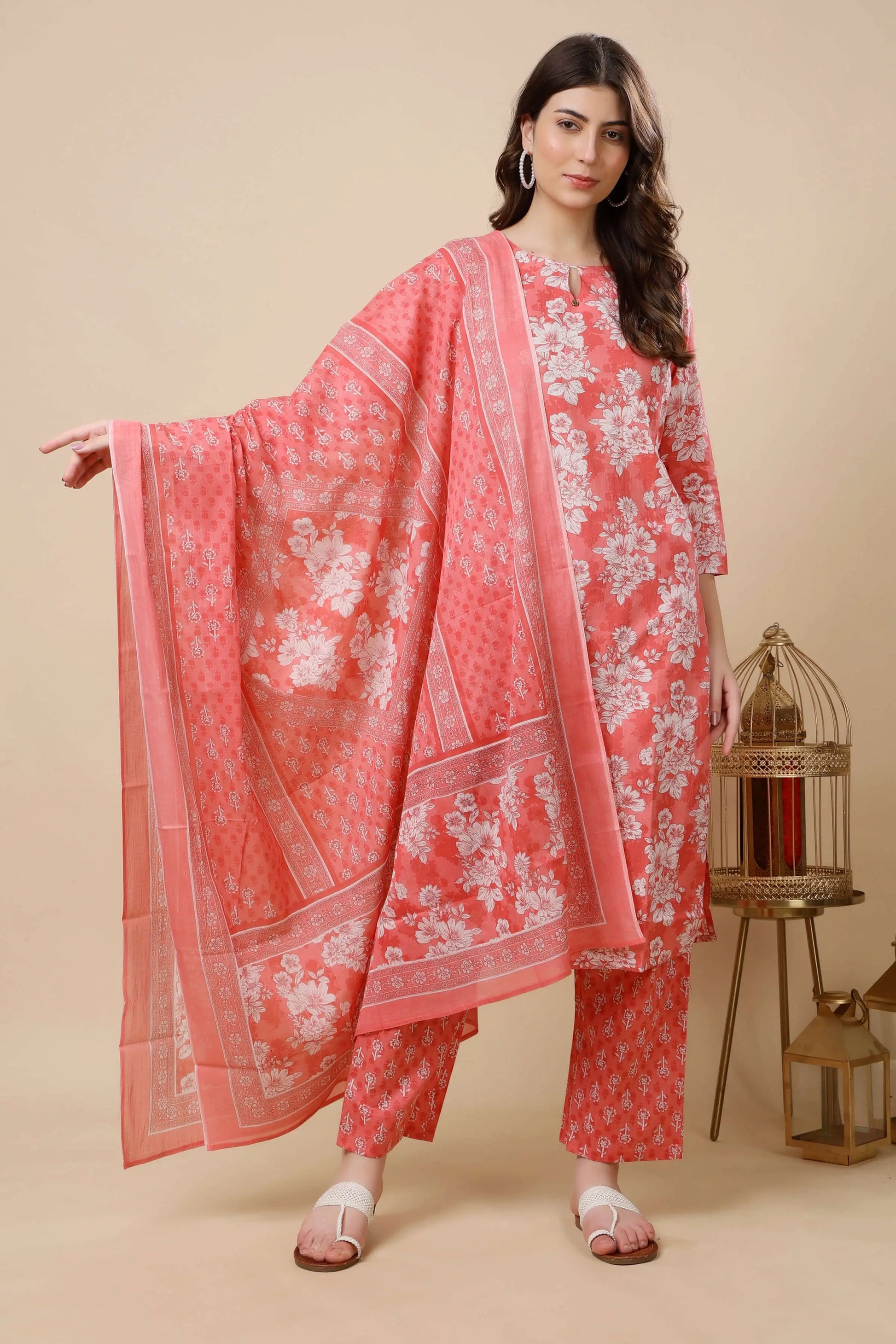 Cotton dupatta with printed border in coral pink ethnic kurti set by Rabric