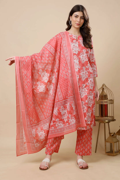 Cotton dupatta with printed border in coral pink ethnic kurti set by Rabric