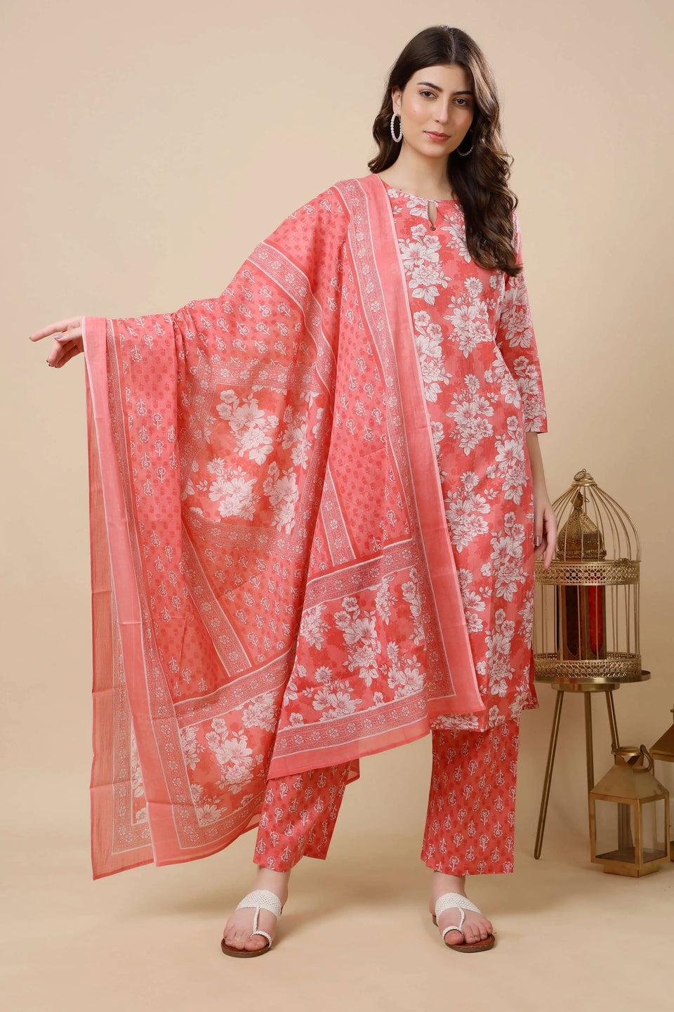 Cotton dupatta with printed border in coral pink ethnic kurti set by Rabric