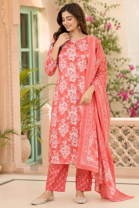 Woman wearing Rabric coral pink cotton floral ethnic kurta pant set with dupatta in elegant lifestyle fashion look