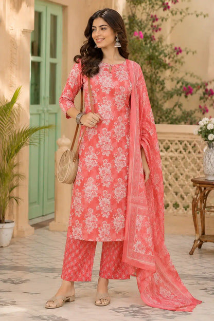 Rabric coral pink cotton floral kurta pant set with dupatta for women front view featuring long straight kurta and 3/4 sleeves