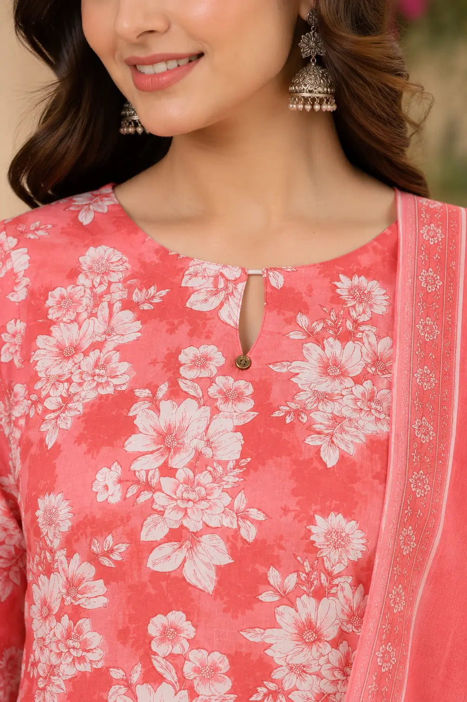Close up neck design detail of Rabric coral pink cotton floral kurta with elegant keyhole neckline for women