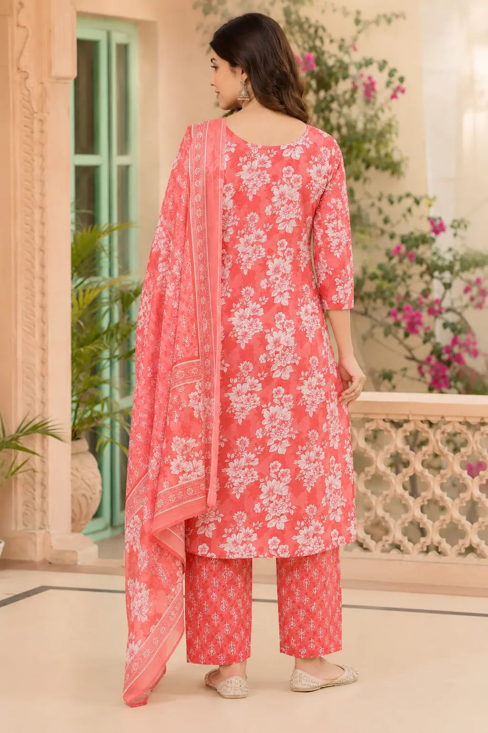 Back view of Rabric coral pink cotton floral printed kurta pant set with dupatta for women long kurta design