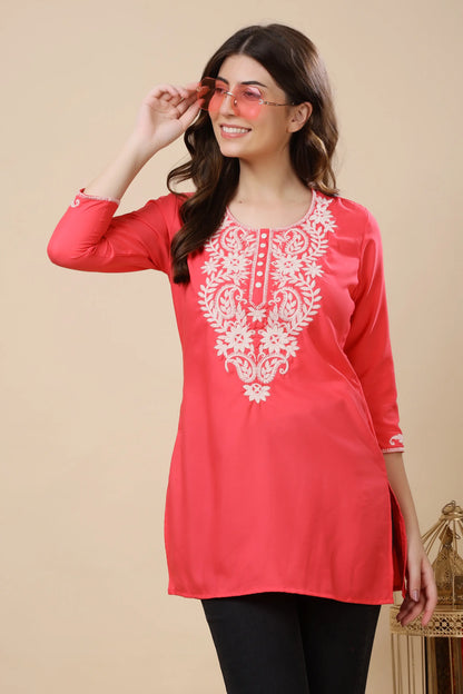 Rabric Women’s Coral Pink Crepe Short Kurti | Embroidered V Neck Short Kurti for Daily Wear, Office Wear & Casual Outings