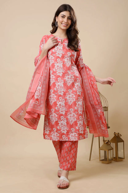 Front view of Rabric coral pink floral printed cotton kurti set for women