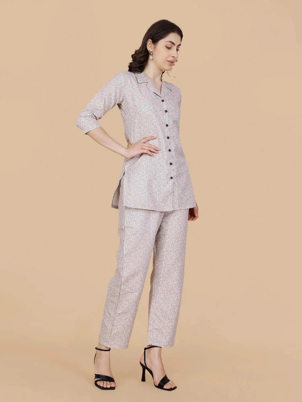 Pant Pocket Detail of Rabric Beige Cotton Printed Co-ord Set