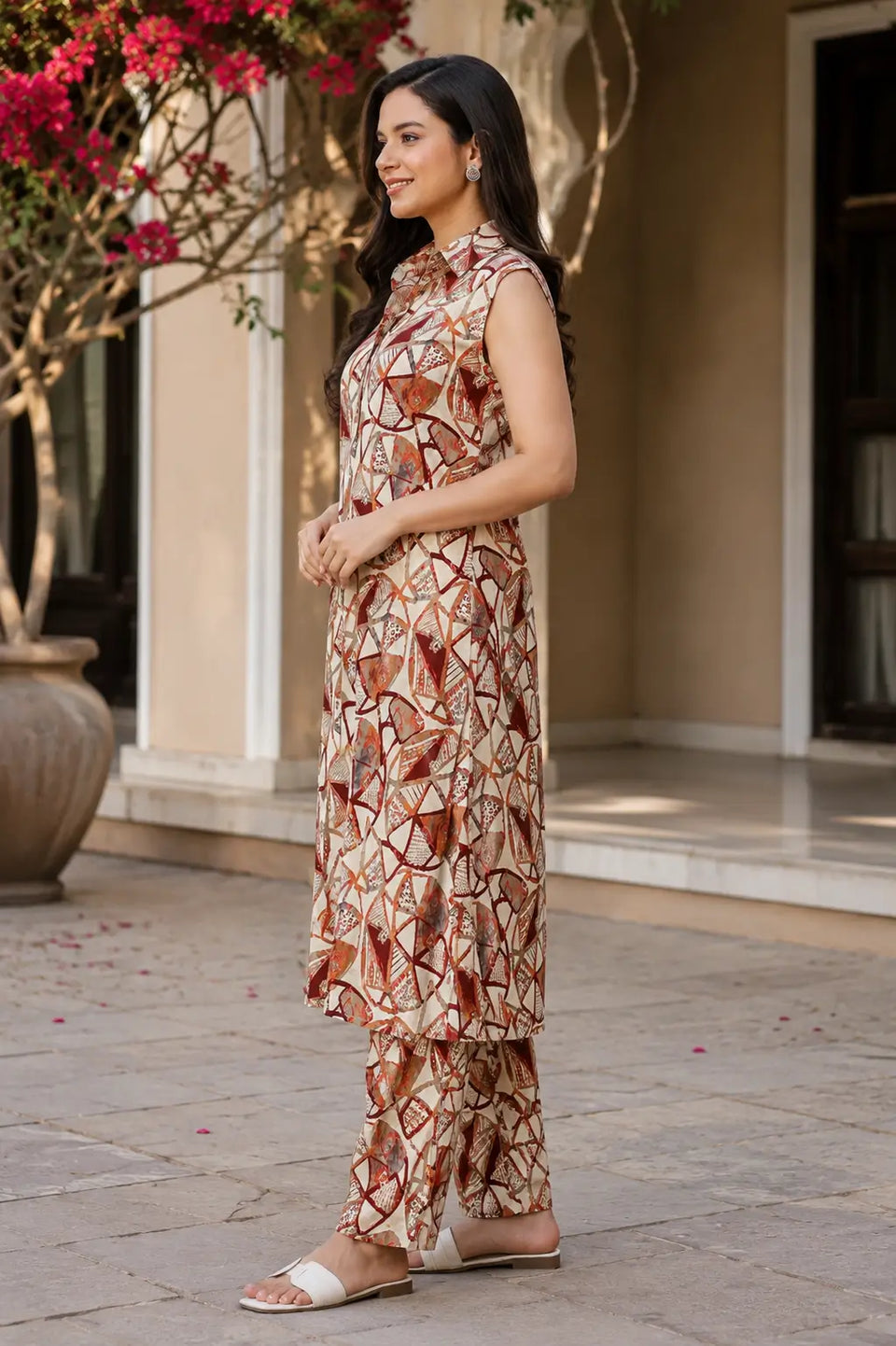 Side profile of RABRIC beige and rust printed cotton coord set for summer wear