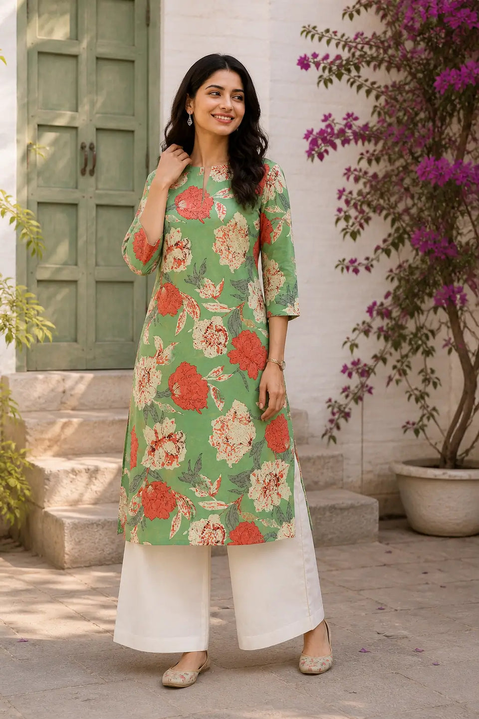 Full look of Rabric cotton flex floral kurta with bell bottom pants