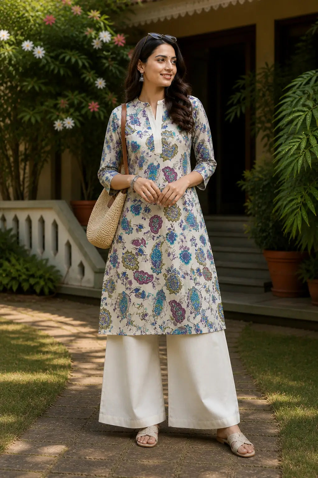 Full-length studio view of women’s cotton flex floral kurta pant set by Rabric