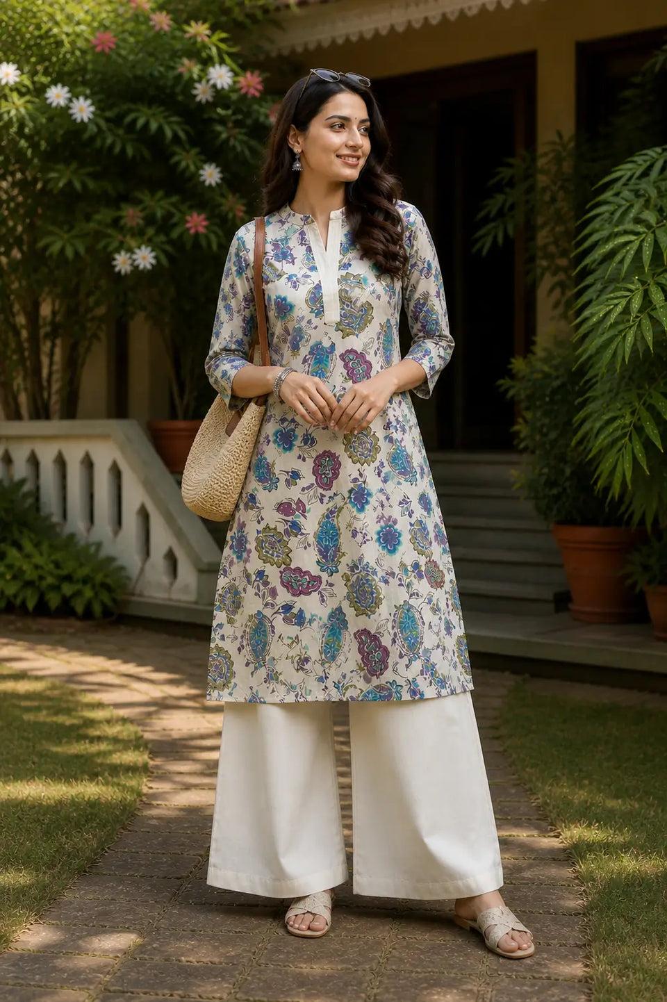 Full-length studio view of women’s cotton flex floral kurta pant set by Rabric