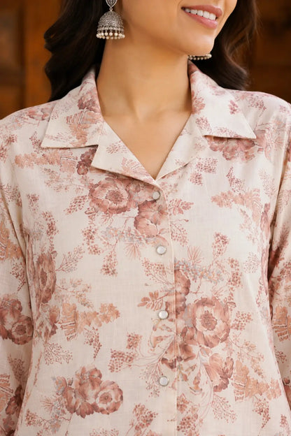 Close-up of RABRIC floral cotton kurta featuring shirt collar neckline and premium soft cotton fabric
