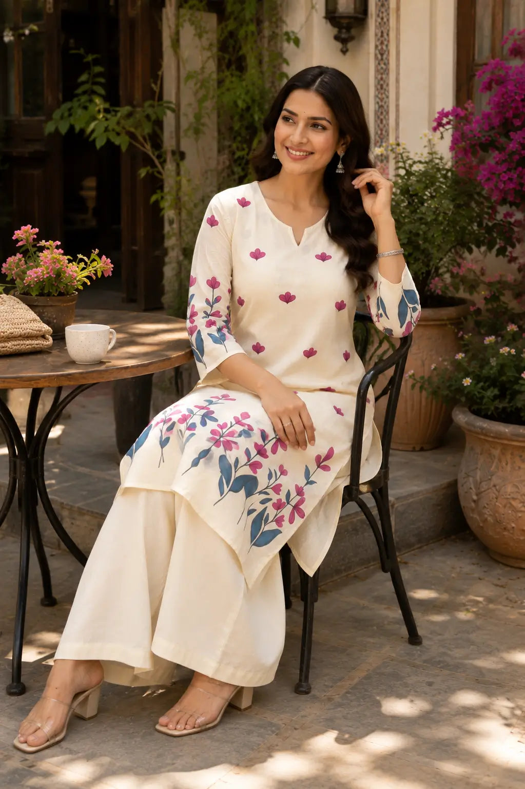 Rabric cream cotton floral print women kurti with palazzo in casual sitting lifestyle pose
