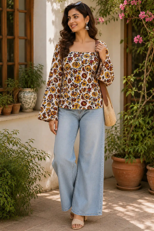 Rabric women's off white cotton short top with mustard yellow and maroon floral print, square neck design, bell sleeves and stylish hip length fit front view