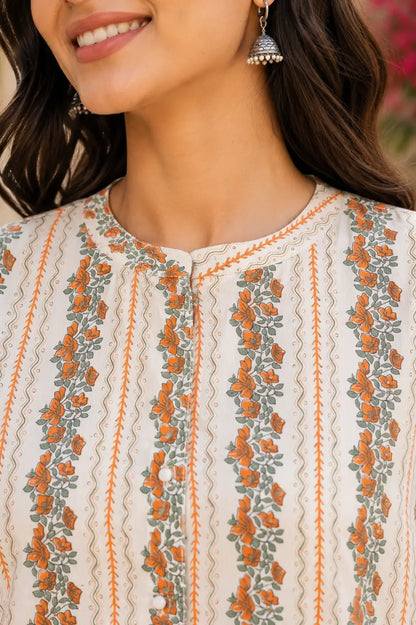 Close up neck design detail of Rabric off white floral cotton short top with front button open style