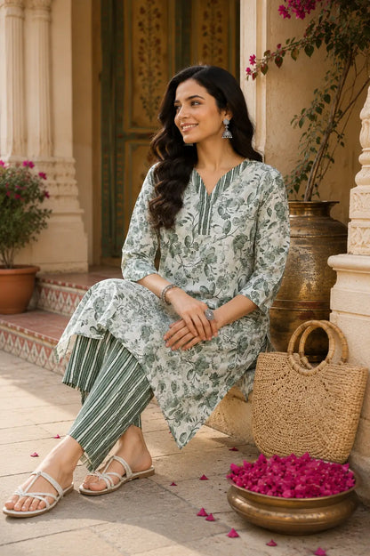 Women floral cotton kurta pant set in elegant sitting pose with casual accessories
