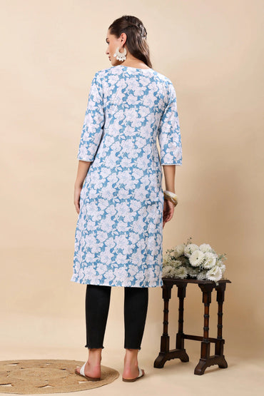 Back View of Rabric Cotton Floral Long Kurti for Women