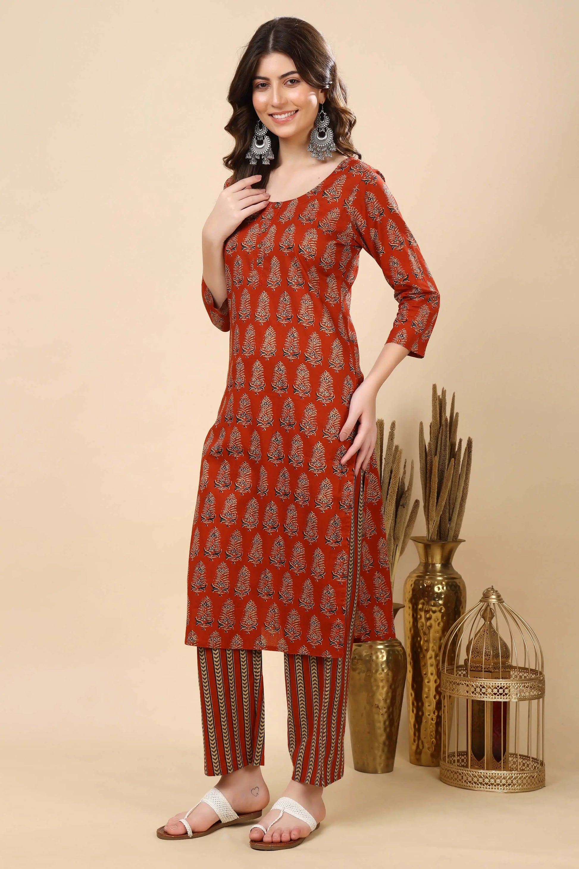 Side View of Rust Red Cotton Kurti Set with Printed Dupatta