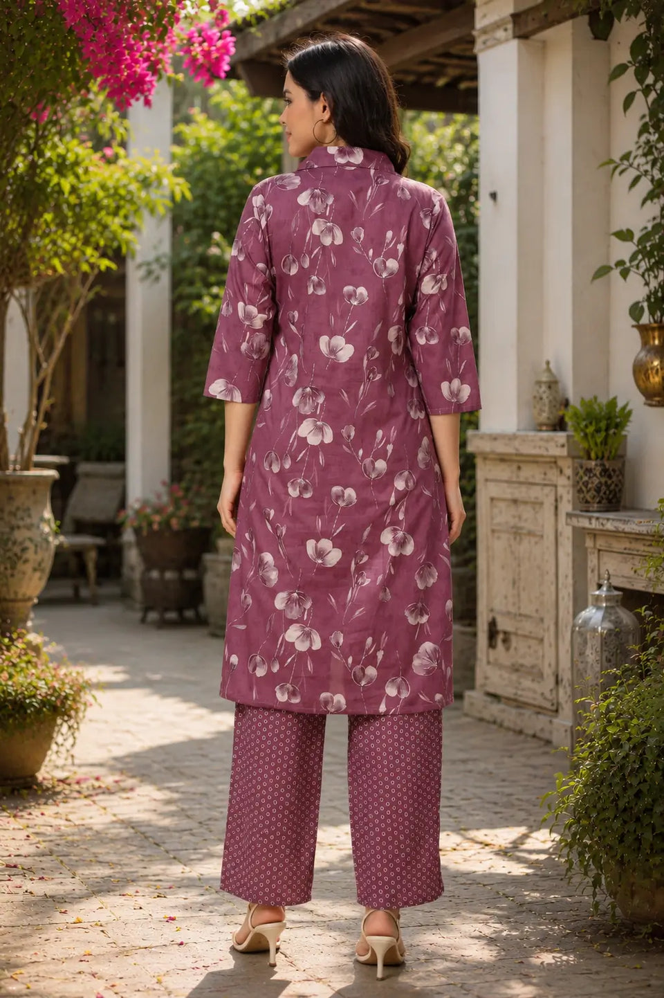 Back view of RABRIC floral cotton kurti and straight pant set for women