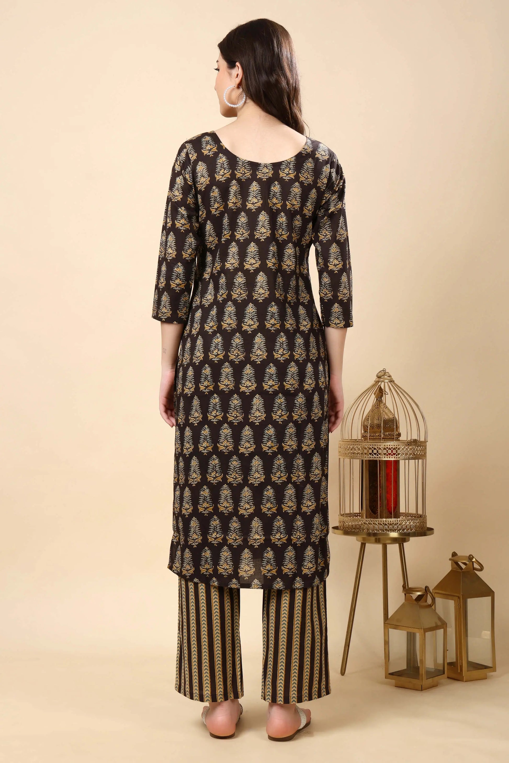 Back view of Rabric Brown Printed Cotton Kurti Set