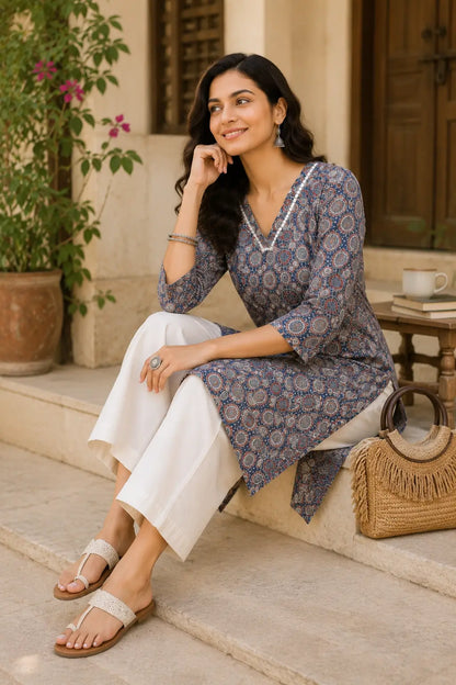 Rabric blue cotton ethnic kurti for women in casual sitting pose with stylish accessories and palazzo
