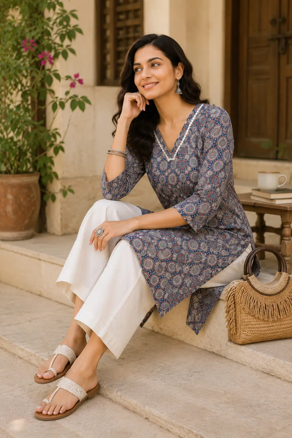Rabric blue cotton ethnic kurti for women in casual sitting pose with stylish accessories and palazzo