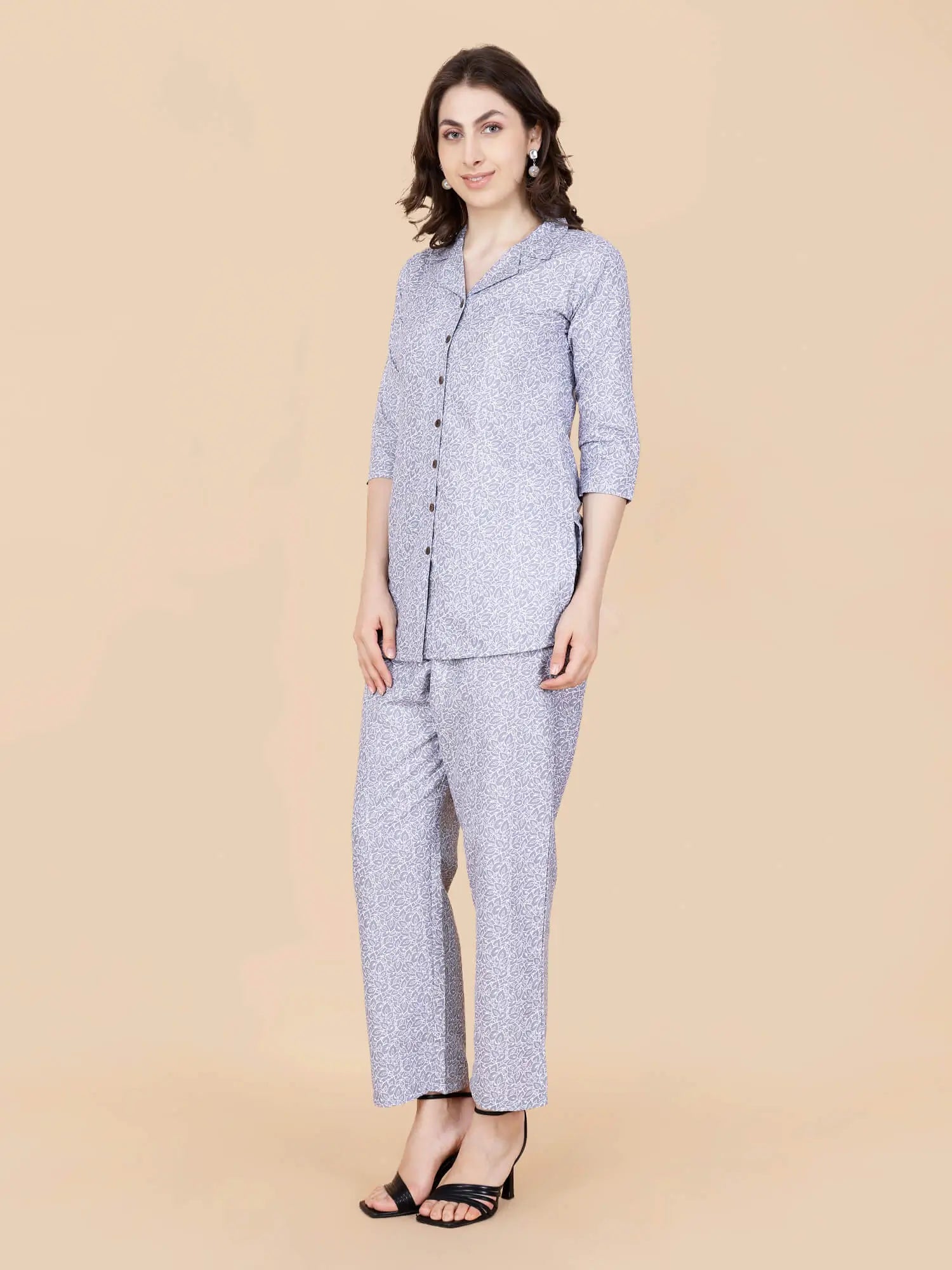 Side pose of premium cotton loungewear co-ord set for women