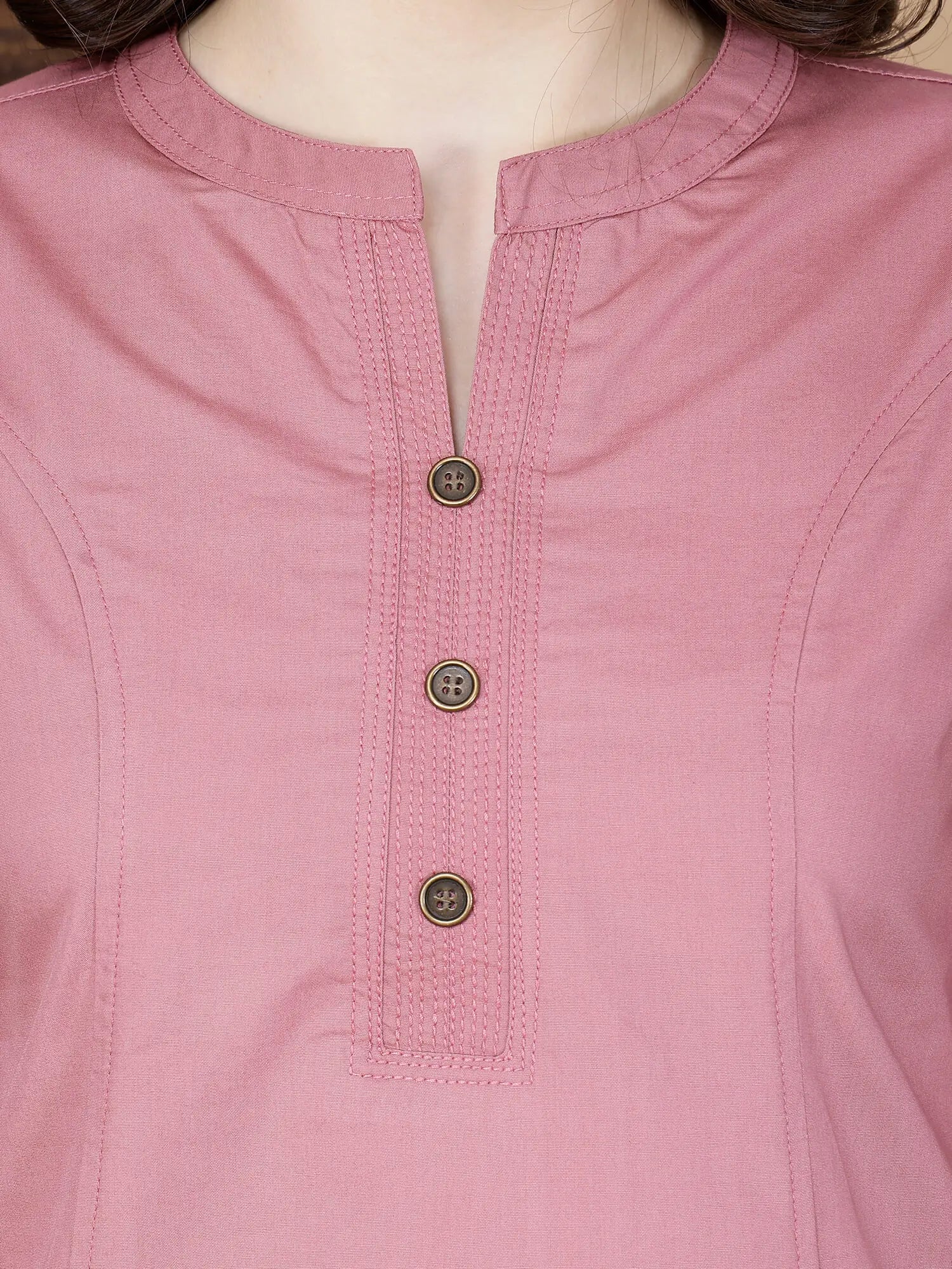 Close-up of Round Neck with Brass Buttons on Rabric Cotton Kurti