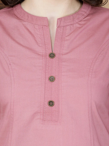 Close-up of Round Neck with Brass Buttons on Rabric Cotton Kurti