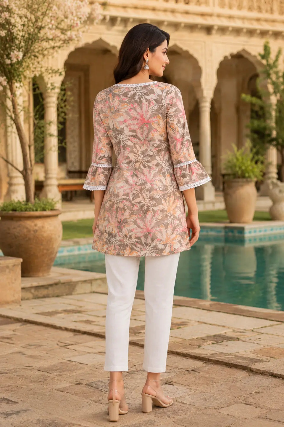 Back design of Rabric women floral cotton short kurti with layered sleeves and elegant print