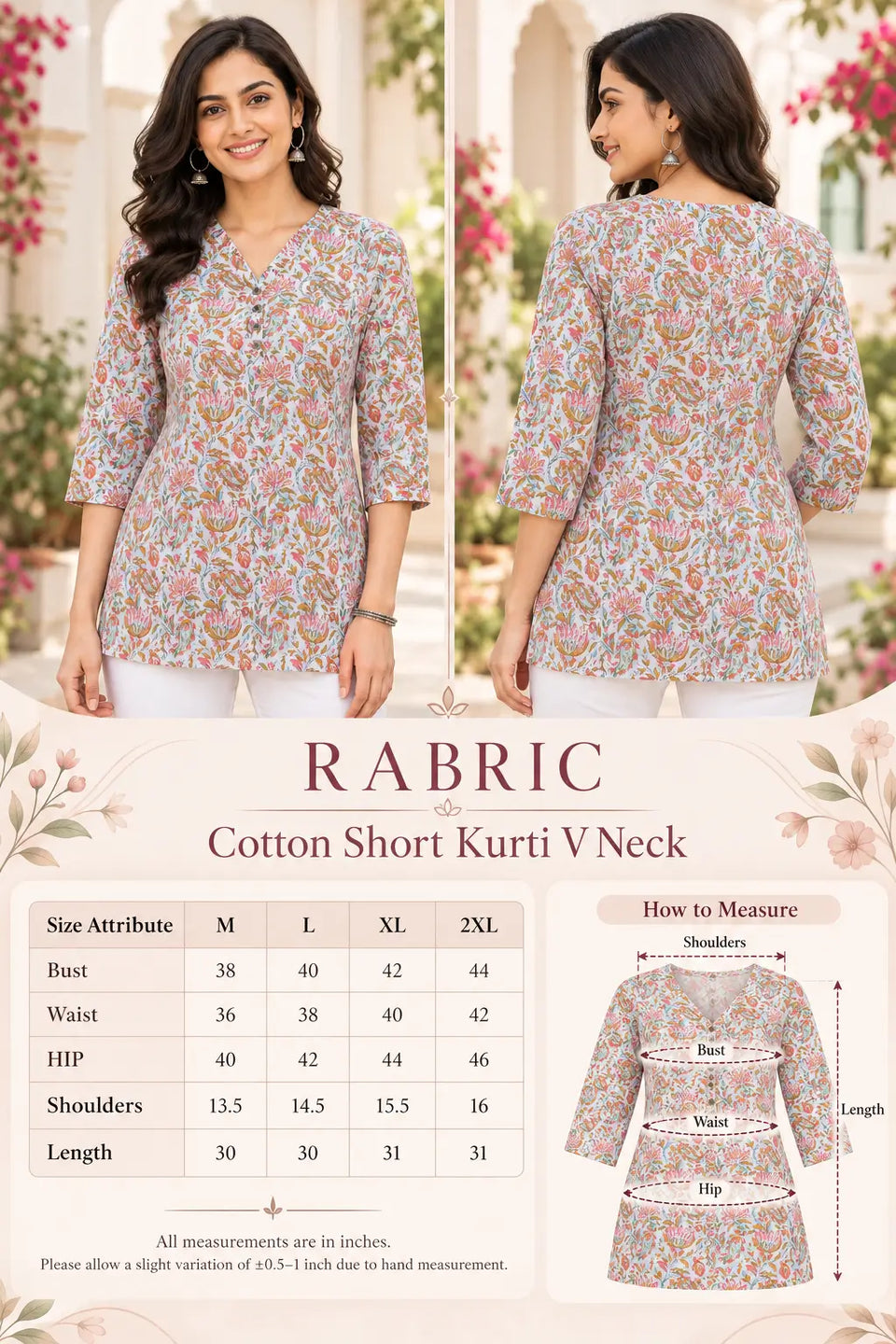 RABRIC cotton short kurti V neck size chart for M to 2XL with bust, waist, hip, shoulder and length measurements