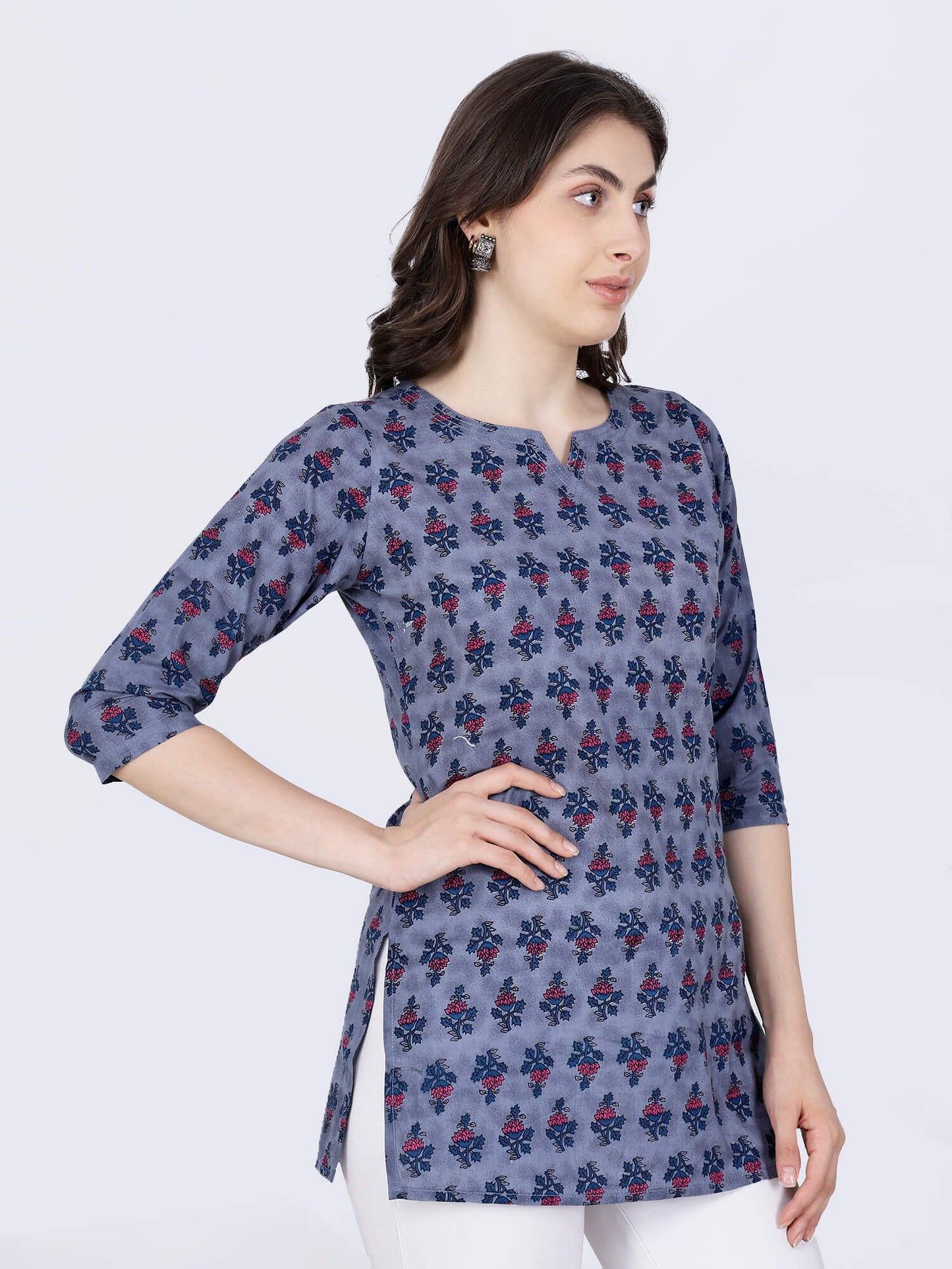 Side view of Rabric Cotton Short Kurti with Stylish Neck Design