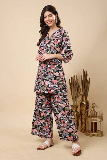 Black Floral Co-ord Set with Handwork Neckline – Side View